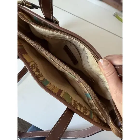 Fossil Striped Canvas Handbag Leather Trim Handles Shoulder Strap 9x7”​ - Picture 10 of 12